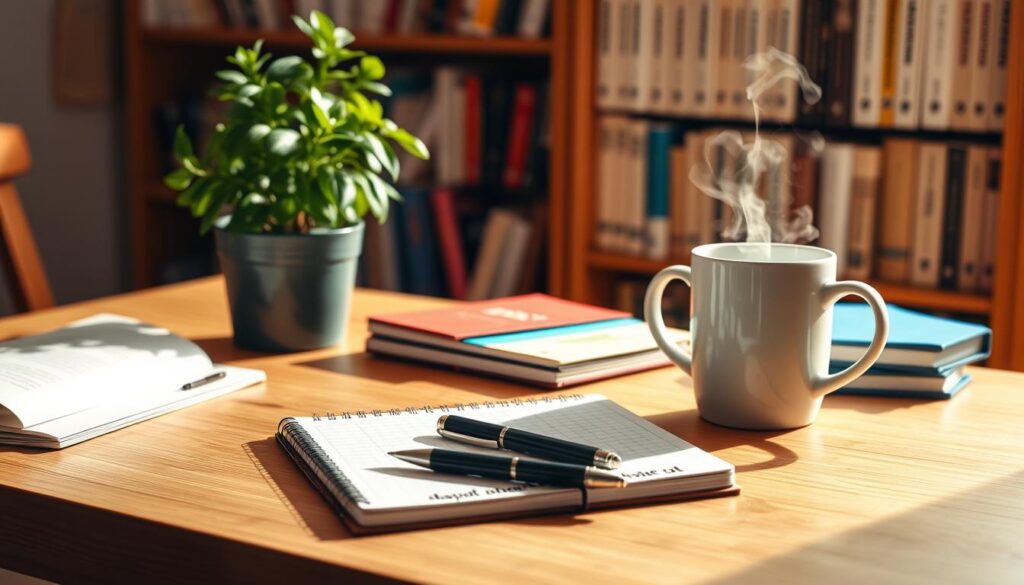 A cozy home office setup, with a wooden desk, a potted plant, and a mug of steaming coffee. The scene is bathed in warm, natural lighting, creating a serene and inviting atmosphere. On the desk, a notebook and a pen are neatly arranged, hinting at the act of budgeting and financial planning. The background features a bookshelf filled with financial literature, underscoring the educational aspect of the "Wprowadzenie do oszczędzania" theme. The overall composition conveys a sense of productivity, focus, and a thoughtful approach to personal finance.