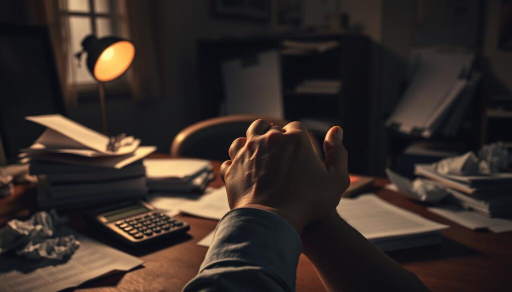 A dark and gloomy office setting, with a desk cluttered with financial documents, crumpled papers, and a broken calculator. The dim, warm lighting casts long shadows, creating a sense of disarray and stress. In the foreground, a person's hands are clasped tightly, representing the burden of financial mistakes. The background is blurred, hinting at the broader consequences of these errors. The overall atmosphere conveys a sense of unease and the need to address the financial pitfalls illustrated. A dark and gloomy office setting, with a desk cluttered with financial documents, crumpled papers, and a broken calculator. The dim, warm lighting casts long shadows, creating a sense of disarray and stress. In the foreground, a person's hands are clasped tightly, representing the burden of financial mistakes. The background is blurred, hinting at the broader consequences of these errors. The overall atmosphere conveys a sense of unease and the need to address the financial pitfalls illustrated.