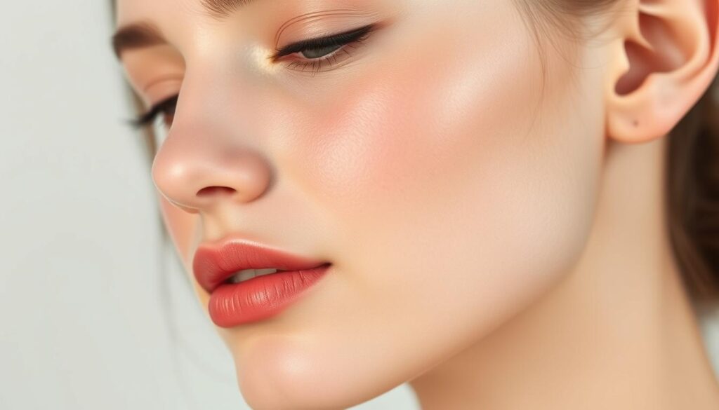 A delicate, natural makeup look for everyday wear. A serene, soft-lit close-up of a young woman's face, showcasing her flawless, radiant complexion. Subtle highlights on the cheekbones, a touch of rosy blush, and a tinted lip balm, creating a fresh, youthful appearance. The lighting is diffused and gentle, accentuating the model's natural features. The focus is on the face, with a blurred, minimalist background, allowing the viewer to concentrate on the effortless, everyday makeup application. The mood is calm, relaxed, and effortlessly beautiful, reflecting the essence of a natural, day-to-day makeup routine. A delicate, natural makeup look for everyday wear. A serene, soft-lit close-up of a young woman's face, showcasing her flawless, radiant complexion. Subtle highlights on the cheekbones, a touch of rosy blush, and a tinted lip balm, creating a fresh, youthful appearance. The lighting is diffused and gentle, accentuating the model's natural features. The focus is on the face, with a blurred, minimalist background, allowing the viewer to concentrate on the effortless, everyday makeup application. The mood is calm, relaxed, and effortlessly beautiful, reflecting the essence of a natural, day-to-day makeup routine.