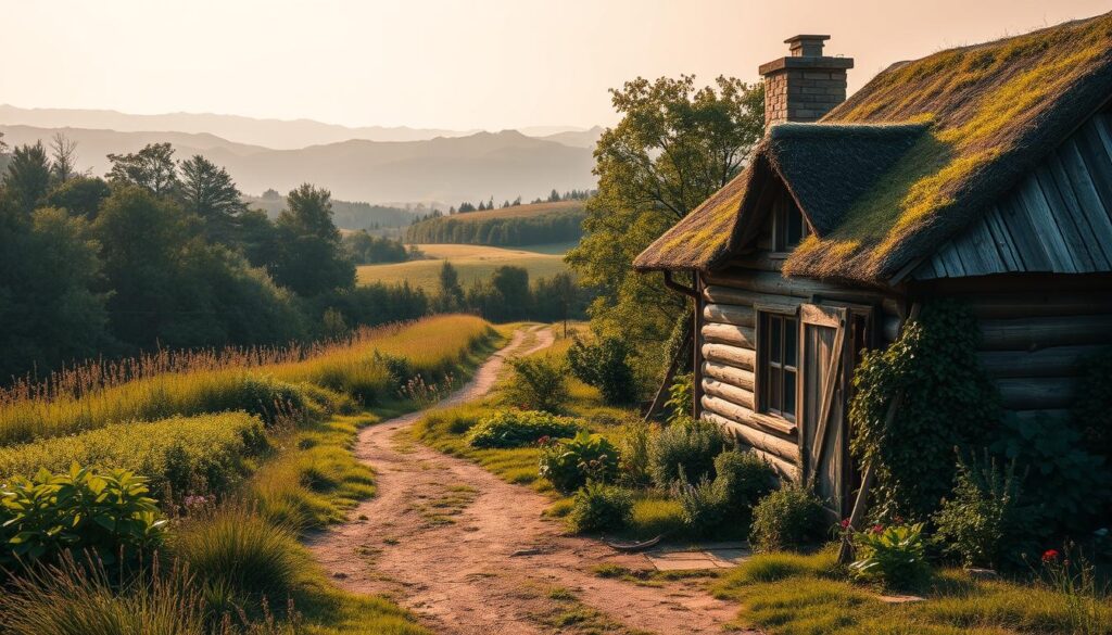 A rustic countryside landscape with a charming farmhouse in the foreground. The house has a weathered, wooden exterior with a thatched roof and a stone chimney. A lush, overgrown garden surrounds the house, filled with wildflowers, herbs, and a small vegetable patch. In the middle ground, a winding dirt path leads through a dense, verdant forest, dappled with warm, golden sunlight filtering through the canopy. In the background, rolling hills covered in tall grasses and wildflowers stretch out to the horizon, with a few distant, hazy mountains silhouetted against a soft, pastel sky. The overall atmosphere is one of tranquility, simplicity, and a connection to nature. A rustic countryside landscape with a charming farmhouse in the foreground. The house has a weathered, wooden exterior with a thatched roof and a stone chimney. A lush, overgrown garden surrounds the house, filled with wildflowers, herbs, and a small vegetable patch. In the middle ground, a winding dirt path leads through a dense, verdant forest, dappled with warm, golden sunlight filtering through the canopy. In the background, rolling hills covered in tall grasses and wildflowers stretch out to the horizon, with a few distant, hazy mountains silhouetted against a soft, pastel sky. The overall atmosphere is one of tranquility, simplicity, and a connection to nature.