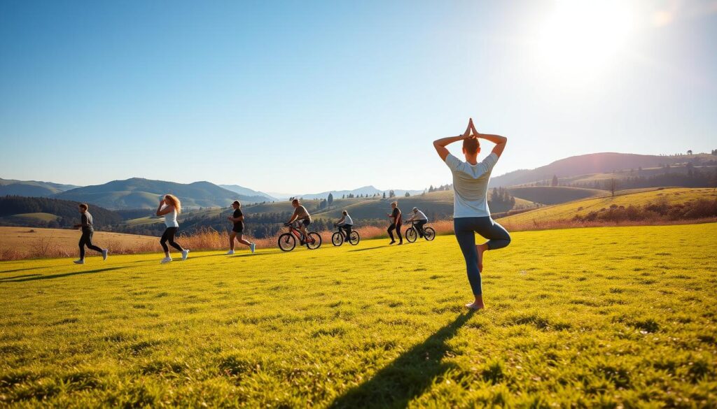 A serene outdoor scene showcasing the introduction to physical activity. In the foreground, a person performing a gentle yoga pose on a grassy field, basking in the warm glow of the sun. The middle ground features a diverse group of individuals engaged in various exercises, such as jogging, cycling, and stretching, conveying a sense of community and shared wellness. The background presents a tranquil landscape with rolling hills, lush greenery, and a clear blue sky, creating a calming and inviting atmosphere. The lighting is soft and natural, with a touch of lens flare to enhance the overall aesthetic. The angle is slightly elevated, allowing for a comprehensive view of the scene, emphasizing the accessibility and inclusivity of physical activity. A serene outdoor scene showcasing the introduction to physical activity. In the foreground, a person performing a gentle yoga pose on a grassy field, basking in the warm glow of the sun. The middle ground features a diverse group of individuals engaged in various exercises, such as jogging, cycling, and stretching, conveying a sense of community and shared wellness. The background presents a tranquil landscape with rolling hills, lush greenery, and a clear blue sky, creating a calming and inviting atmosphere. The lighting is soft and natural, with a touch of lens flare to enhance the overall aesthetic. The angle is slightly elevated, allowing for a comprehensive view of the scene, emphasizing the accessibility and inclusivity of physical activity.