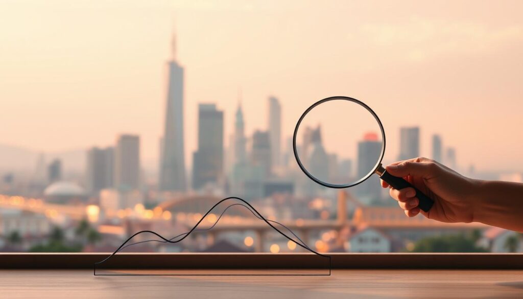 A serene, minimalist illustration depicting the key elements of investing. In the foreground, a simple, elegant graph showcases the rise and fall of financial markets, symbolizing the core concepts of investing. The middle ground features a stylized hand holding a magnifying glass, exploring and analyzing the data. In the background, a soft, blurred cityscape with skyscrapers and infrastructure, representing the broader financial landscape. The scene is illuminated by warm, diffused lighting, creating a sense of thoughtfulness and contemplation. The overall tone is one of educational clarity, guiding the viewer through the introductory steps of the investing journey. A serene, minimalist illustration depicting the key elements of investing. In the foreground, a simple, elegant graph showcases the rise and fall of financial markets, symbolizing the core concepts of investing. The middle ground features a stylized hand holding a magnifying glass, exploring and analyzing the data. In the background, a soft, blurred cityscape with skyscrapers and infrastructure, representing the broader financial landscape. The scene is illuminated by warm, diffused lighting, creating a sense of thoughtfulness and contemplation. The overall tone is one of educational clarity, guiding the viewer through the introductory steps of the investing journey.