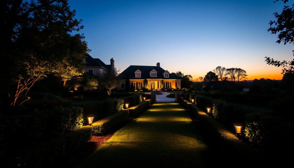 A serene outdoor scene, a warm glow illuminating the evening landscape. In the foreground, a well-crafted path leads the eye, flanked by neatly trimmed hedges and lush greenery. Strategically placed garden lights cast a soft, inviting ambiance, casting dramatic shadows and highlighting the architectural details of the home. The middle ground features a blend of illuminated pathways and landscaping, leading the viewer's gaze towards the main subject - the exterior of a stately, well-appointed residence. The background is shrouded in a gentle, dusky twilight, with the sky transitioning from azure to a rich, golden hue. The entire composition evokes a sense of tranquility and sophistication, setting the stage for an article on outdoor lighting and creating an atmosphere of welcoming elegance.
