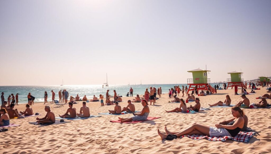 A sun-kissed beach scene, the sand glistening under a warm summer sky. In the foreground, people of all ages recline on towels, basking in the gentle rays. Lively groups chat and laugh, while others read or doze peacefully. In the middle ground, lifeguard towers stand vigilant, their bright colors contrasting against the blue waters. In the distance, sailboats drift across the horizon, completing the idyllic coastal tableau. The atmosphere exudes a sense of relaxation and carefree enjoyment, capturing the allure and popularity of this timeless summer pastime. A sun-kissed beach scene, the sand glistening under a warm summer sky. In the foreground, people of all ages recline on towels, basking in the gentle rays. Lively groups chat and laugh, while others read or doze peacefully. In the middle ground, lifeguard towers stand vigilant, their bright colors contrasting against the blue waters. In the distance, sailboats drift across the horizon, completing the idyllic coastal tableau. The atmosphere exudes a sense of relaxation and carefree enjoyment, capturing the allure and popularity of this timeless summer pastime.