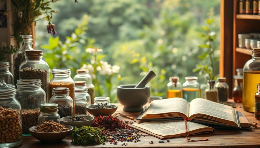 A tranquil herbal apothecary, bathed in warm, diffused lighting. The foreground features an array of glass jars and ceramic vessels filled with various dried herbs, flowers, and tinctures. In the middle ground, a wooden table holds a mortar and pestle, as well as a opened herbal tome. The background depicts a serene, natural setting, with lush greenery and a soft, hazy atmosphere, evoking a sense of ancient, holistic healing practices. The overall composition exudes a soothing, timeless ambiance, inviting the viewer to explore the timeless art of herbal medicine.