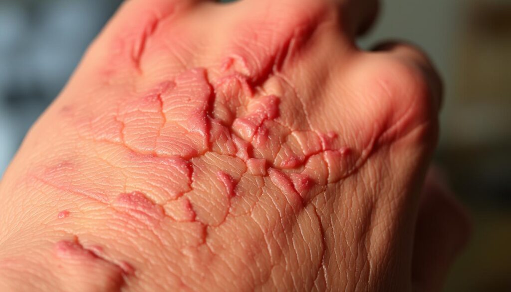 A close-up view of dry, cracked, and reddened human skin, highlighting the harsh effects of winter's low humidity and cold temperatures. The skin appears dehydrated and irritated, with visible flaky patches and a dull, lifeless texture. The lighting is soft and diffused, creating subtle shadows that accentuate the skin's imperfections. The background is blurred and out of focus, keeping the viewer's attention firmly on the detailed skin texture in the foreground. The overall mood conveys the discomfort and distress that winter can inflict on the skin's health and appearance. A close-up view of dry, cracked, and reddened human skin, highlighting the harsh effects of winter's low humidity and cold temperatures. The skin appears dehydrated and irritated, with visible flaky patches and a dull, lifeless texture. The lighting is soft and diffused, creating subtle shadows that accentuate the skin's imperfections. The background is blurred and out of focus, keeping the viewer's attention firmly on the detailed skin texture in the foreground. The overall mood conveys the discomfort and distress that winter can inflict on the skin's health and appearance.