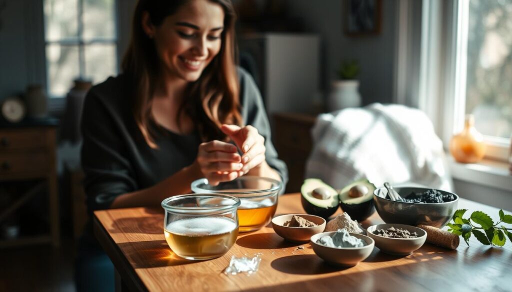 A cozy home interior with natural lighting streaming through a window. On a wooden table, an assortment of simple, everyday ingredients like honey, avocado, and clay are arranged neatly. In the foreground, a woman's hands are carefully mixing and preparing a homemade face mask, her expression one of focused concentration. The scene conveys a sense of warmth, simplicity, and the joy of creating something natural and nourishing for one's skin. The overall mood is relaxed, inviting, and encourages the viewer to consider the benefits of DIY skincare. A cozy home interior with natural lighting streaming through a window. On a wooden table, an assortment of simple, everyday ingredients like honey, avocado, and clay are arranged neatly. In the foreground, a woman's hands are carefully mixing and preparing a homemade face mask, her expression one of focused concentration. The scene conveys a sense of warmth, simplicity, and the joy of creating something natural and nourishing for one's skin. The overall mood is relaxed, inviting, and encourages the viewer to consider the benefits of DIY skincare.