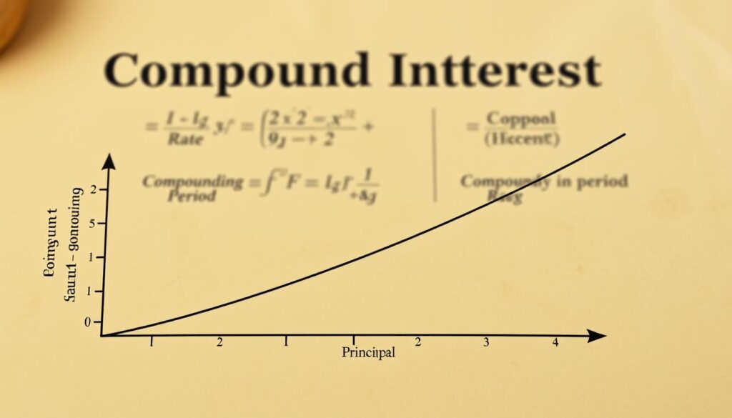 A detailed, fully labeled diagram depicting the mathematical concept of compound interest. In the foreground, a graph shows the exponential growth of a principal amount over time, with key variables such as the interest rate and compounding period clearly labeled. In the middle ground, a series of geometric shapes and mathematical equations illustrate the underlying formulas that govern compound interest. The background features a softly blurred, academic atmosphere with subtle textures suggestive of old paper or chalkboard. The overall mood is one of thoughtful, technical elucidation, designed to visually explain the fundamental definition of compound interest in a clear, accessible manner. A detailed, fully labeled diagram depicting the mathematical concept of compound interest. In the foreground, a graph shows the exponential growth of a principal amount over time, with key variables such as the interest rate and compounding period clearly labeled. In the middle ground, a series of geometric shapes and mathematical equations illustrate the underlying formulas that govern compound interest. The background features a softly blurred, academic atmosphere with subtle textures suggestive of old paper or chalkboard. The overall mood is one of thoughtful, technical elucidation, designed to visually explain the fundamental definition of compound interest in a clear, accessible manner.