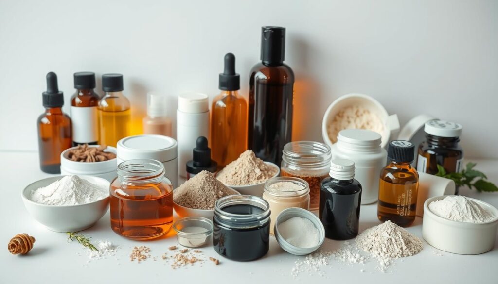 A flat-lay composition showcasing an assortment of cosmetic ingredients and products. In the foreground, various containers, jars, and bottles filled with natural botanical extracts, essential oils, and powdered minerals are neatly arranged. The middle ground features a clean, minimalist background, allowing the ingredients to take center stage. Soft, directional lighting casts subtle shadows, emphasizing the textures and colors of the cosmetic components. The overall mood is one of simplicity, purity, and an emphasis on the importance of understanding the constituents that make up everyday beauty products. A flat-lay composition showcasing an assortment of cosmetic ingredients and products. In the foreground, various containers, jars, and bottles filled with natural botanical extracts, essential oils, and powdered minerals are neatly arranged. The middle ground features a clean, minimalist background, allowing the ingredients to take center stage. Soft, directional lighting casts subtle shadows, emphasizing the textures and colors of the cosmetic components. The overall mood is one of simplicity, purity, and an emphasis on the importance of understanding the constituents that make up everyday beauty products.
