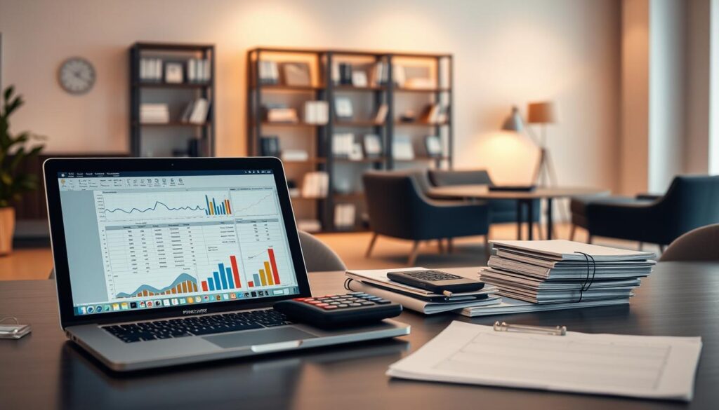 A modern office scene with a well-organized desk showcasing financial planning tools. In the foreground, a laptop displays a spreadsheet with charts and graphs, hinting at the intricacies of financial management. On the desk, a tactile planner, a calculator, and a stack of neatly organized documents create a sense of diligence and attention to detail. The middle ground features a bookshelf filled with finance-related literature, suggesting a dedication to continuous learning. The background depicts a minimalist, well-lit interior with sleek, contemporary furniture, conveying a professional and sophisticated atmosphere. Warm, diffused lighting casts subtle shadows, adding depth and dimension to the scene. The overall mood is one of focused productivity and financial mastery. A modern office scene with a well-organized desk showcasing financial planning tools. In the foreground, a laptop displays a spreadsheet with charts and graphs, hinting at the intricacies of financial management. On the desk, a tactile planner, a calculator, and a stack of neatly organized documents create a sense of diligence and attention to detail. The middle ground features a bookshelf filled with finance-related literature, suggesting a dedication to continuous learning. The background depicts a minimalist, well-lit interior with sleek, contemporary furniture, conveying a professional and sophisticated atmosphere. Warm, diffused lighting casts subtle shadows, adding depth and dimension to the scene. The overall mood is one of focused productivity and financial mastery.