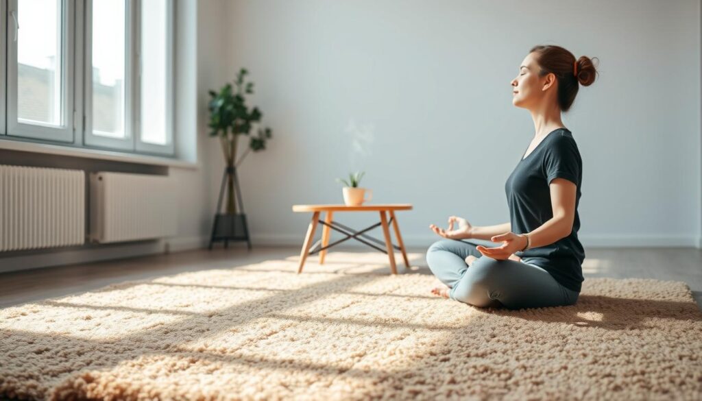 A serene and minimalist scene depicting the introduction to healthy habits. In the foreground, a person sitting cross-legged on a plush, earth-toned carpet, their eyes closed in meditation. Soft, natural lighting filters through large windows, casting a warm glow on the scene. In the middle ground, a simple wooden table holds a small potted plant and a cup of steaming tea. The background is a clean, minimalist interior with white walls and simple decor, creating a calming and inviting atmosphere. The overall mood is one of tranquility, mindfulness, and the gentle embrace of positive lifestyle changes. A serene and minimalist scene depicting the introduction to healthy habits. In the foreground, a person sitting cross-legged on a plush, earth-toned carpet, their eyes closed in meditation. Soft, natural lighting filters through large windows, casting a warm glow on the scene. In the middle ground, a simple wooden table holds a small potted plant and a cup of steaming tea. The background is a clean, minimalist interior with white walls and simple decor, creating a calming and inviting atmosphere. The overall mood is one of tranquility, mindfulness, and the gentle embrace of positive lifestyle changes.