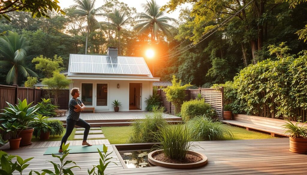 A tranquil, minimalist home nestled amidst a lush, verdant garden. In the foreground, a person practices gentle yoga on a wooden deck, surrounded by potted plants and a small pond with a bamboo water feature. The middle ground features a simple, energy-efficient dwelling with solar panels on the roof and a living green wall. In the background, a dense forest canopy filters the warm, golden-hour sunlight, creating a serene, nature-infused atmosphere. The scene conveys a sense of harmony, balance, and a sustainable, eco-conscious lifestyle.