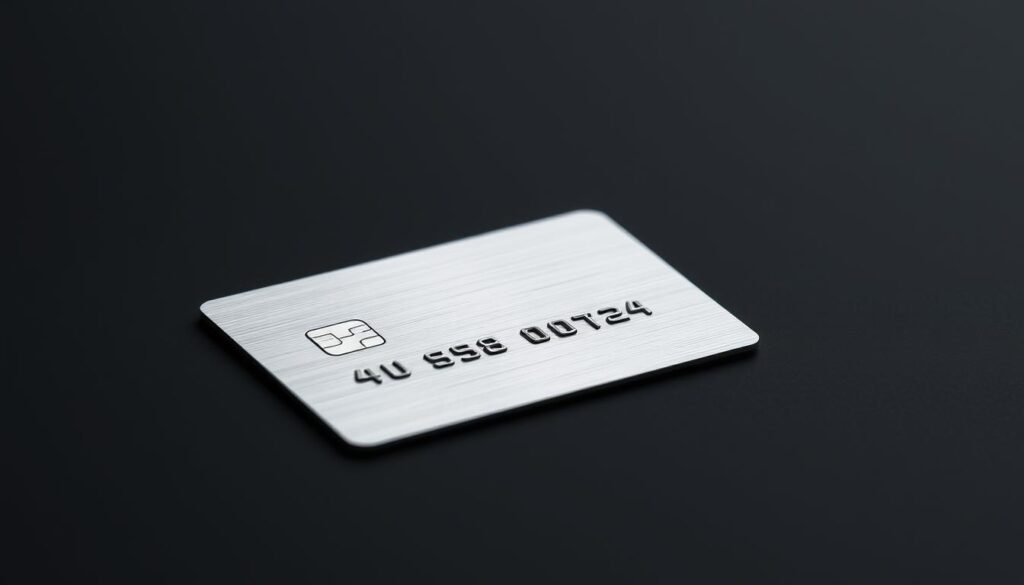 A sleek, modern credit card made of brushed metal, resting on a minimalist black background. The card's surface reflects the soft, diffused lighting, highlighting its clean lines and subtle details. In the foreground, a subtle gradient adds depth and dimension, guiding the viewer's eye to the card's center. The background fades into a subtle texture, creating a sense of sophistication and refinement. The overall mood is one of simplicity, elegance, and the power of financial control. A sleek, modern credit card made of brushed metal, resting on a minimalist black background. The card's surface reflects the soft, diffused lighting, highlighting its clean lines and subtle details. In the foreground, a subtle gradient adds depth and dimension, guiding the viewer's eye to the card's center. The background fades into a subtle texture, creating a sense of sophistication and refinement. The overall mood is one of simplicity, elegance, and the power of financial control.