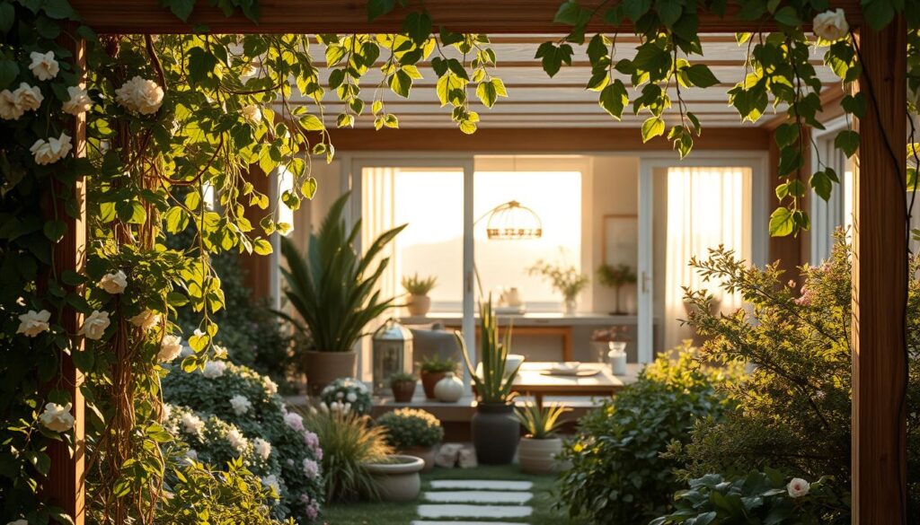 A tranquil garden scene, where lush foliage and blooming flowers seamlessly transition into a cozy, sun-dappled interior. In the foreground, a wooden pergola adorned with cascading vines frames the view, leading the eye towards the harmonious blend of indoor and outdoor spaces. Soft, diffused lighting filters through large windows, casting a warm glow and creating a sense of unity. The middle ground features a carefully curated arrangement of potted plants and natural materials, echoing the earthy tones and organic textures found throughout. In the background, a glimpse of a minimalist, contemporary living space completes the harmonious composition, blurring the boundaries between the built environment and the natural world. A tranquil garden scene, where lush foliage and blooming flowers seamlessly transition into a cozy, sun-dappled interior. In the foreground, a wooden pergola adorned with cascading vines frames the view, leading the eye towards the harmonious blend of indoor and outdoor spaces. Soft, diffused lighting filters through large windows, casting a warm glow and creating a sense of unity. The middle ground features a carefully curated arrangement of potted plants and natural materials, echoing the earthy tones and organic textures found throughout. In the background, a glimpse of a minimalist, contemporary living space completes the harmonious composition, blurring the boundaries between the built environment and the natural world.