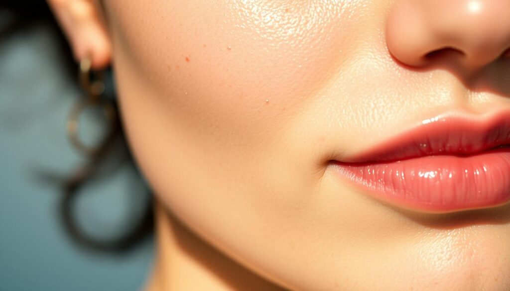 A tranquil, sun-drenched close-up of healthy skin, glowing with a radiant, even tone. The epidermis appears smooth and supple, with a luminous, hydrated sheen. Subtle freckles and pores are visible, but the overall texture is refined and blemish-free. The lighting is soft and diffused, casting gentle shadows that accentuate the skin's natural contours. The background is blurred, keeping the focus solely on the skin's surface. The mood is one of balance, vitality, and inner wellness, reflecting the nourishing effects of a wholesome, skin-supportive diet and lifestyle. A tranquil, sun-drenched close-up of healthy skin, glowing with a radiant, even tone. The epidermis appears smooth and supple, with a luminous, hydrated sheen. Subtle freckles and pores are visible, but the overall texture is refined and blemish-free. The lighting is soft and diffused, casting gentle shadows that accentuate the skin's natural contours. The background is blurred, keeping the focus solely on the skin's surface. The mood is one of balance, vitality, and inner wellness, reflecting the nourishing effects of a wholesome, skin-supportive diet and lifestyle.